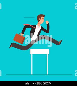 Businessman jumping over hurdles. Business challenge, successful overcoming vector concept. Businessman on competition challenge illustration Stock Vector