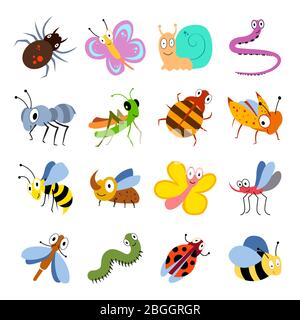 Cute and funny bugs, insects vector collection. Cartoon insects set. Illustration of insect grasshopper and caterpillar, ant and dragonfly Stock Vector