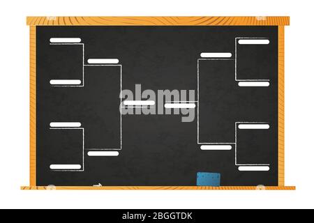 Sport tournament bracket template for 8 teams on school blackboard in wooden frame with chalk and sponge on shelf on white Stock Vector