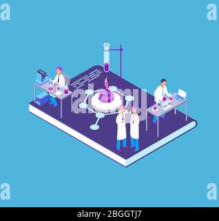 Chemistry, pharmaceutical 3d isometric concept with chemical laboratory equipment and people research scientist vector illustration. Chemical science research, laboratory experiment Stock Vector