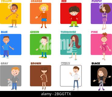 Cartoon Illustration of Basic Colors with Happy Children Characters Educational Set Stock Vector