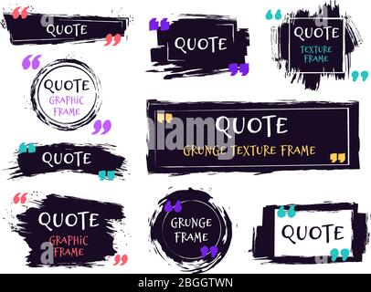 Quote brush text box. Grunge textured label, sketch brush template, hand drawn rough speech bubbles. Remark label frames vector isolated icons set Stock Vector