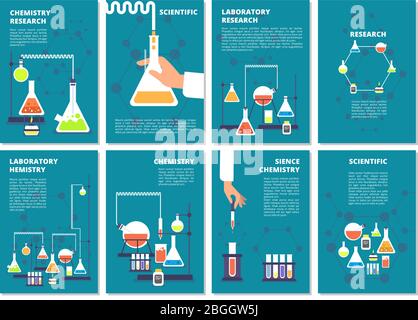 Chemistry laboratory testing. Pharmacy processing and science medical research lab. Vector book covers, brochure template. Illustration of pharmacy lab poster, medical test and research Stock Vector