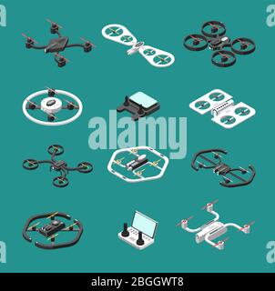 Isometric 3d drones. Uav unmanned aircrafts vector set. Illustration of quadrocopter remote, transport quadcopter equipment Stock Vector