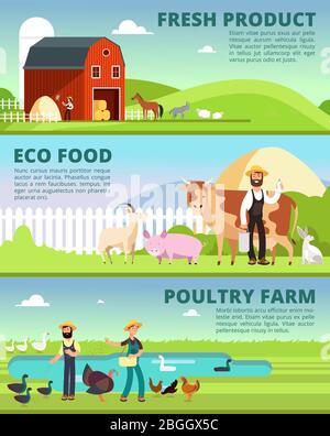 Organic farming and agribusiness banners with cartoon farmer characters and farm animals set, vector illustration Stock Vector