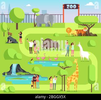 Cartoon zoo with visitors and safari animals. Happy families with kids in zoological park vector illustration. Family with kids in zoo, giraffe and elephant Stock Vector