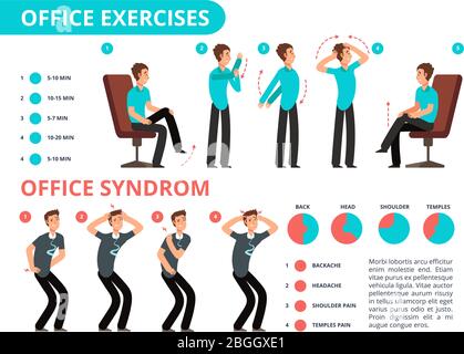 Employee doing office exercises desk. Medical vector diagram with cartoon people. Infographic syndrome office work, shoulder and headache illustration Stock Vector