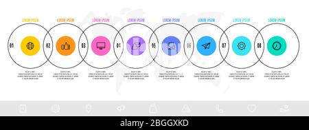 Business diagram with 8 circular elements with arrows. Vector flat concept of eight business options to choose from. Infographics modern design Stock Vector