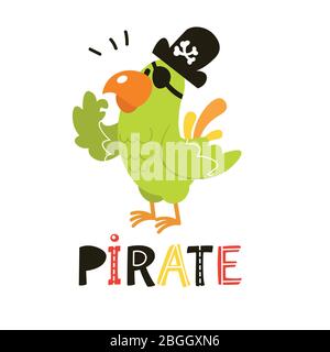 Collection of adorable pirates isolated on white background. Green cute Parrot Stock Vector