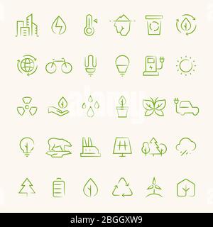 Ecology and recycling outline symbols. Eco and green environment vector line icons of set isolated on white illustration Stock Vector