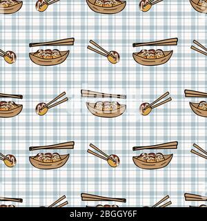 Cute takoyaki japanese chopstick seamless vector pattern. Hand drawn oriental octopus balls. Kawaii seafood street food for travel all over print Stock Vector