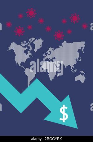 economy and covid19 statistics with arrows in earth maps Stock Vector