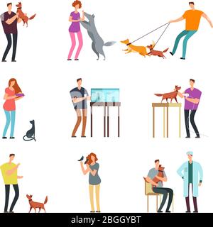 Happy people pet owner. Man, women and family training and playing with pets vector cartoon characters isolated. Illustration of people with dog and cat, bird and fish Stock Vector