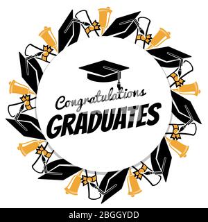 Congrats graduates round banner with students accessorises. Graduation celebration, graduate congrats, ceremony banner illustration vector Stock Vector