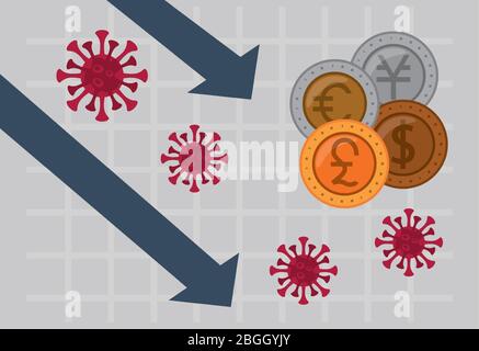 economy and covid19 statistics with arrows and international coins ...