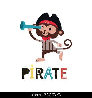 Childish vector illustration in flat cartoon style. Brown monkey pirate Stock Vector