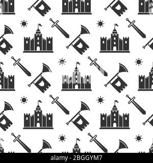 Swords, medieval castle, sword and tube seamless background pattern design. Vector illustration Stock Vector