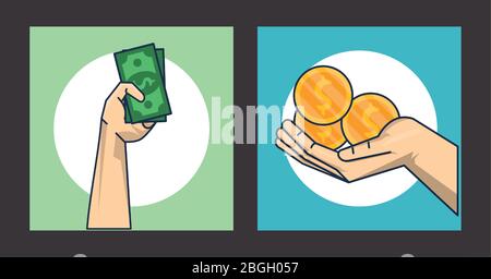 hands human with coins and bills money Stock Vector