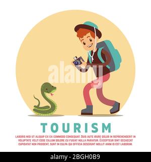 Tourism concept banner or poster with flat male tourist and snake. Vector illustration Stock Vector