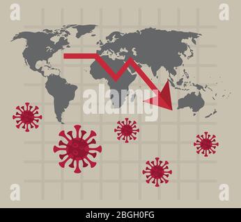 economy and covid19 statistics with arrows in earth maps Stock Vector