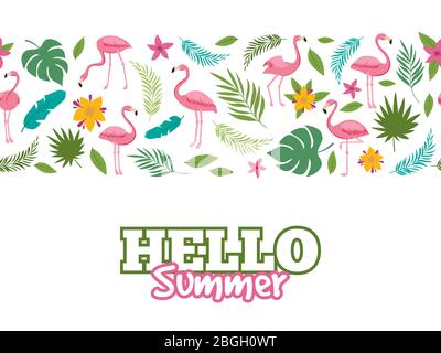 Tropical leaves and flamingo pattern. Hello summer banner or poster background design. Vector illustration Stock Vector