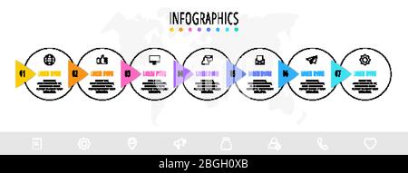 Business diagram with 7 circular elements with arrows. Vector flat concept of seven business options to choose from. Infographics modern design Stock Vector
