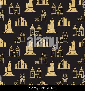 Castles and fortress, bastions on black seamless background. pattern. Vector illustration Stock Vector