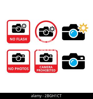 No photos, no cameras, no flash vector icons - do not taking photos warning sign, icons collection isolated on white - no photography with flash Stock Vector