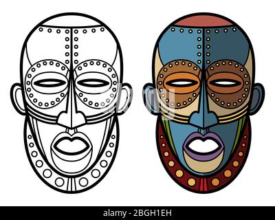 Mexican indian aztec masks coloring page of set isolated on white. Vector illustration Stock Vector