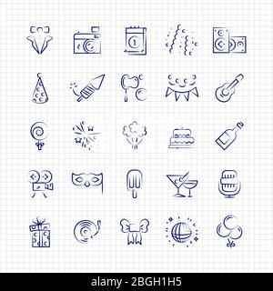 Birthday party celebration fun ballpoint pen icons set. Vector illustration Stock Vector