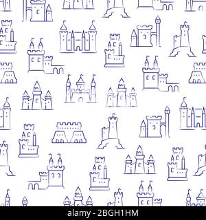 Medieval castles, fortress, bastions isolated on white seamless background pattern. Vector illustration Stock Vector