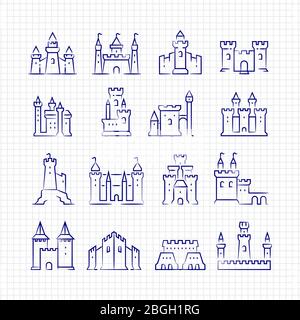 Sketch medieval castles set on lined page isolated . Vector illustration Stock Vector