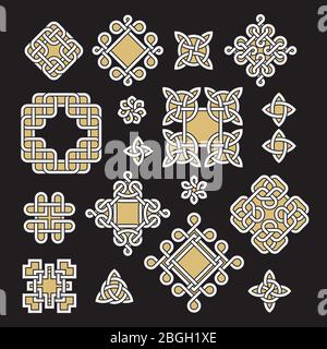 Chinese and celtic endless knots and patterns vector set. Black, white and gold decorative ornate elements illustration Stock Vector