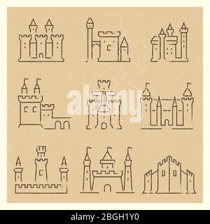 Set of medieval castles line icos. Tower building architecture, fortress collection, vector illustration Stock Vector