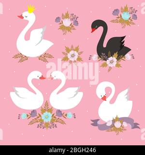 Beautiful white princess swan with crown. Cartoon goose, duck bird vector set. Black swan and princess cute animal illustration Stock Vector