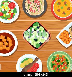 Healthy asian thai meal on table top. Vegetable, meat and fish food dishes vector illustration. Cuisine thailand, seafood and oriental salad Stock Vector