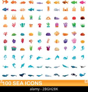 100 sea icons set. Cartoon illustration of 100 sea icons vector set isolated on white background Stock Vector