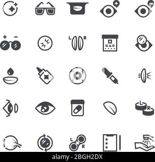 Eye problems, optical contact lens and eyeglasses icons. Eyeball laser surgery vector medical symbols. Eye vision, medical eyesight illustration Stock Vector
