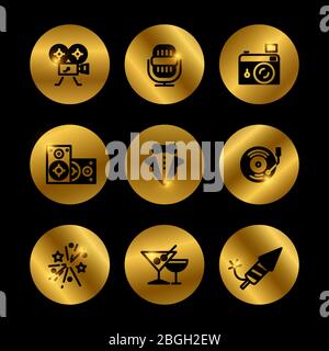 Event, party, award black and gold icons of set. Vector illustration Stock Vector