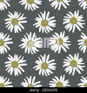 Vector seamless pattern with the chamomiles on a gray background in vintage style for textile Stock Vector