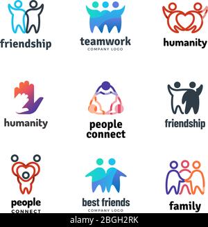Friendship community friendly team people together cooperation vector logo set. Illustration of teamwork and partnership, together unity icons Stock Vector