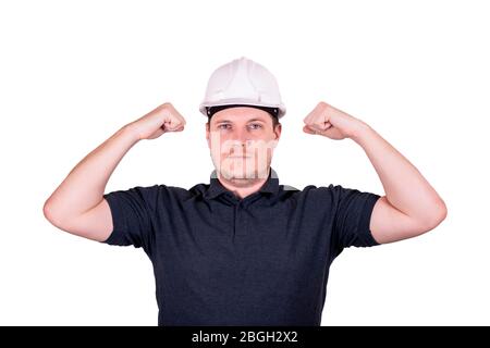 white male engineer in a white hard hat Stock Photo
