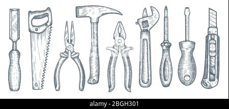 Set of hand tools. Collection of hand drawn engraved graphic. Vector illustration Stock Vector