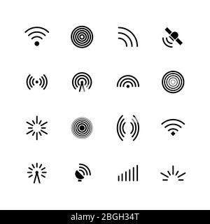 Wireless wifi and radio signals icons. Antenna, mobile signal and wave vector symbols isolated. Radio antenna and wireless network illustration Stock Vector