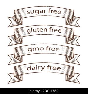 Hand drawn grunge banners - gluten free, sugar free, dairy free, gmo free banners design. Vintage ribbon, vector illustration Stock Vector