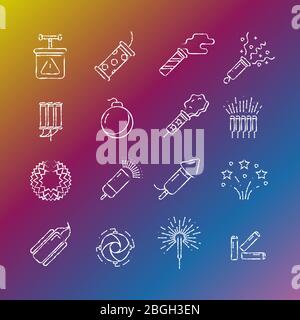 Fireworks, pyrotechnic chalk drawing icons on colorful background. Vector illustration Stock Vector
