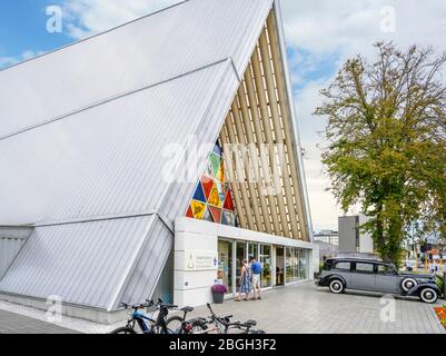 Christchurch Cardboard Cathedral.  Following the earthquake of 2011, the Christchurch Transitional Cathedral was built in Christchurch, New Zealand Stock Photo