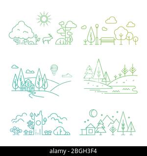 Bright nature landscape outline icons with tree, plants, mountains, river. Vector illustration Stock Vector
