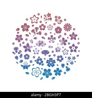 Colorful logo blossom flowers silhouettes isolated on white background. Vector illustration Stock Vector