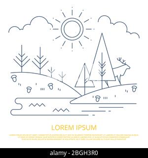 Summer forest landscape outline design - nature line background. Vector illustration Stock Vector